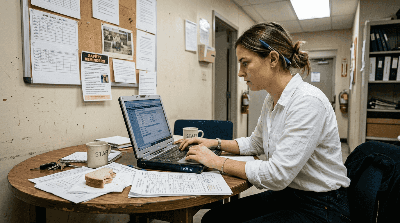 Staff member digitizing vehicle records at laptop