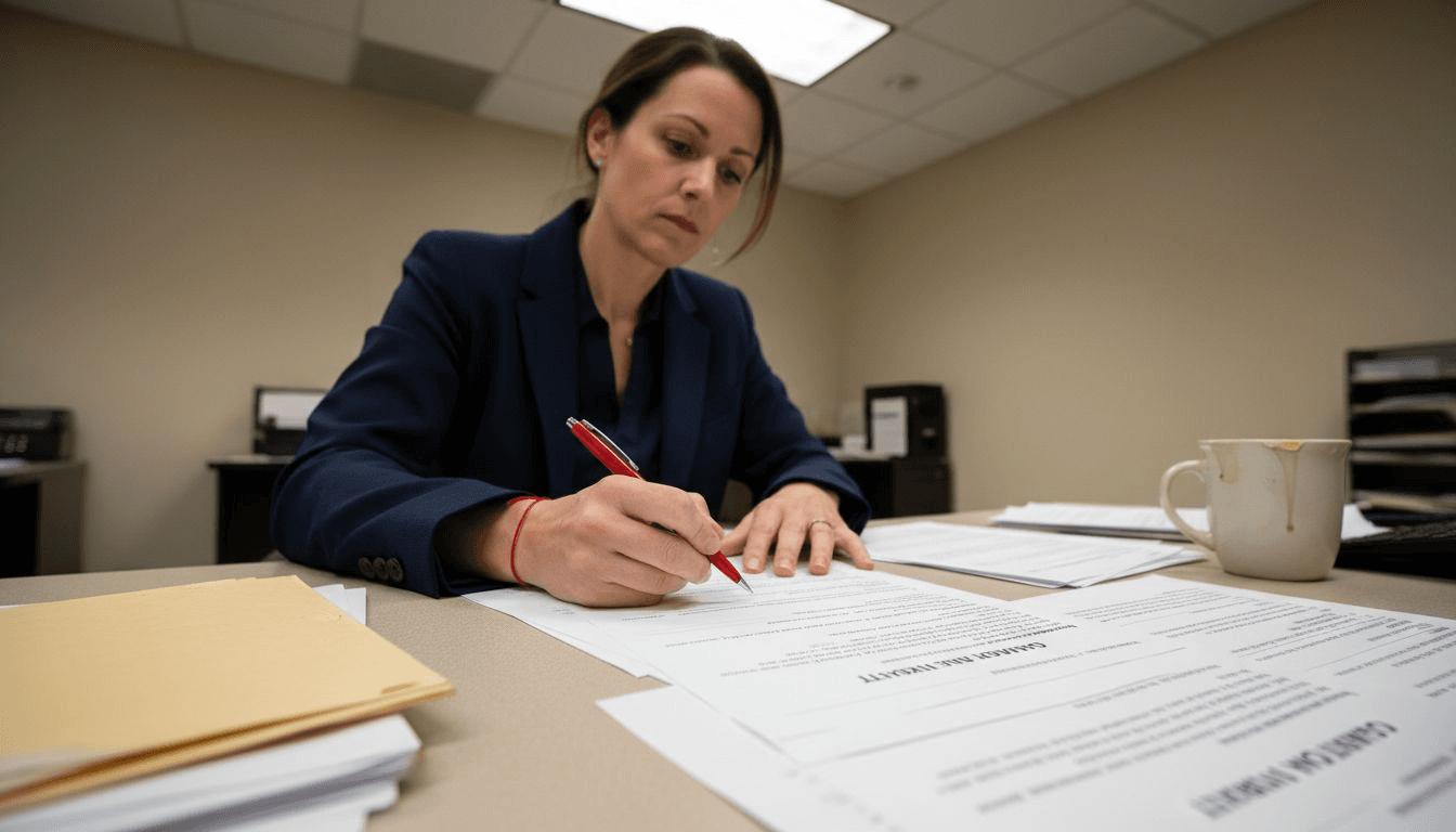 Manager reviewing damage clause in office