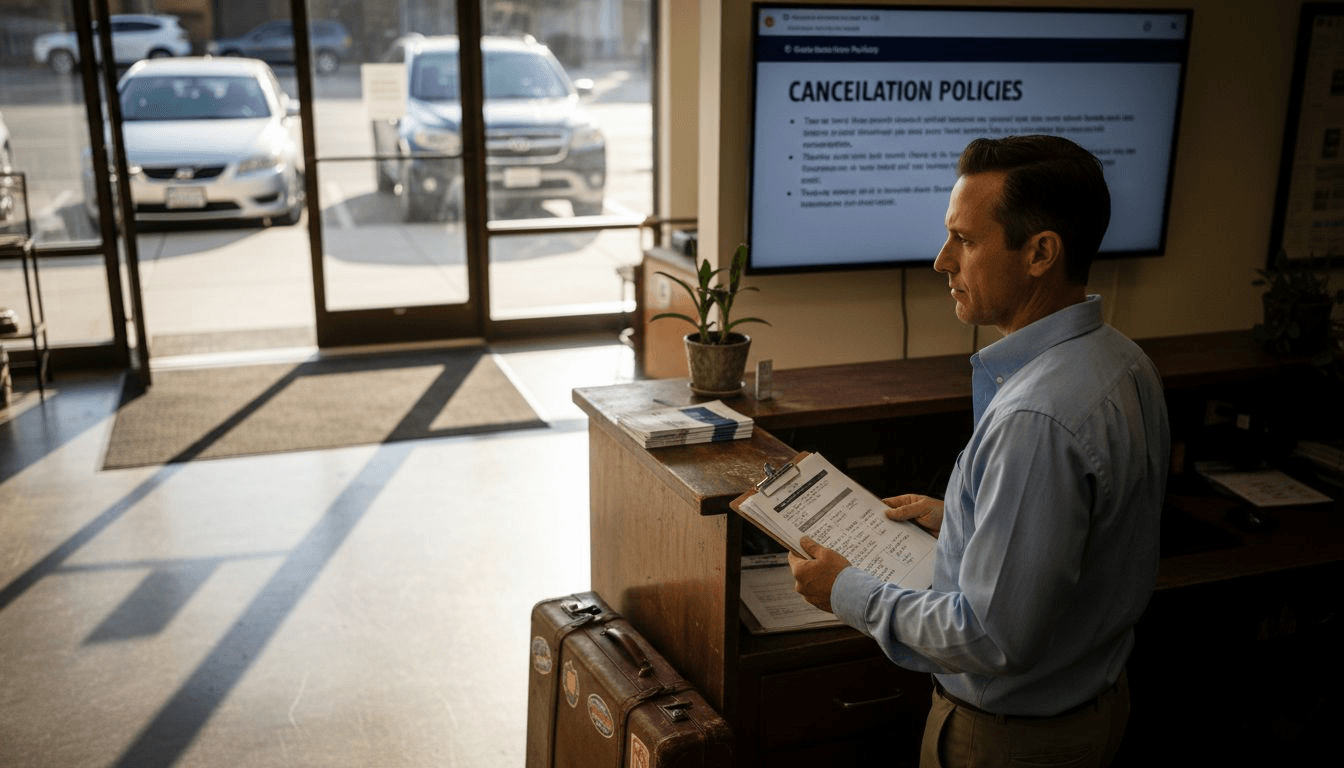 Rental agent reviewing vehicle cancellation policies