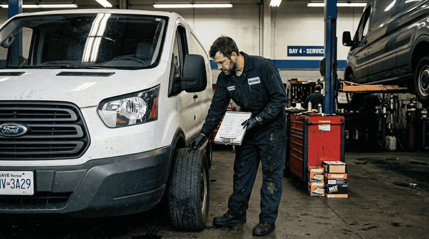 Mechanic inspecting rental van with checklist
