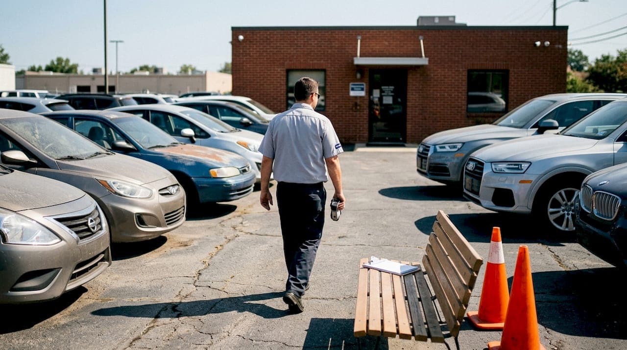 Technician inspecting diverse rental car fleet outdoors