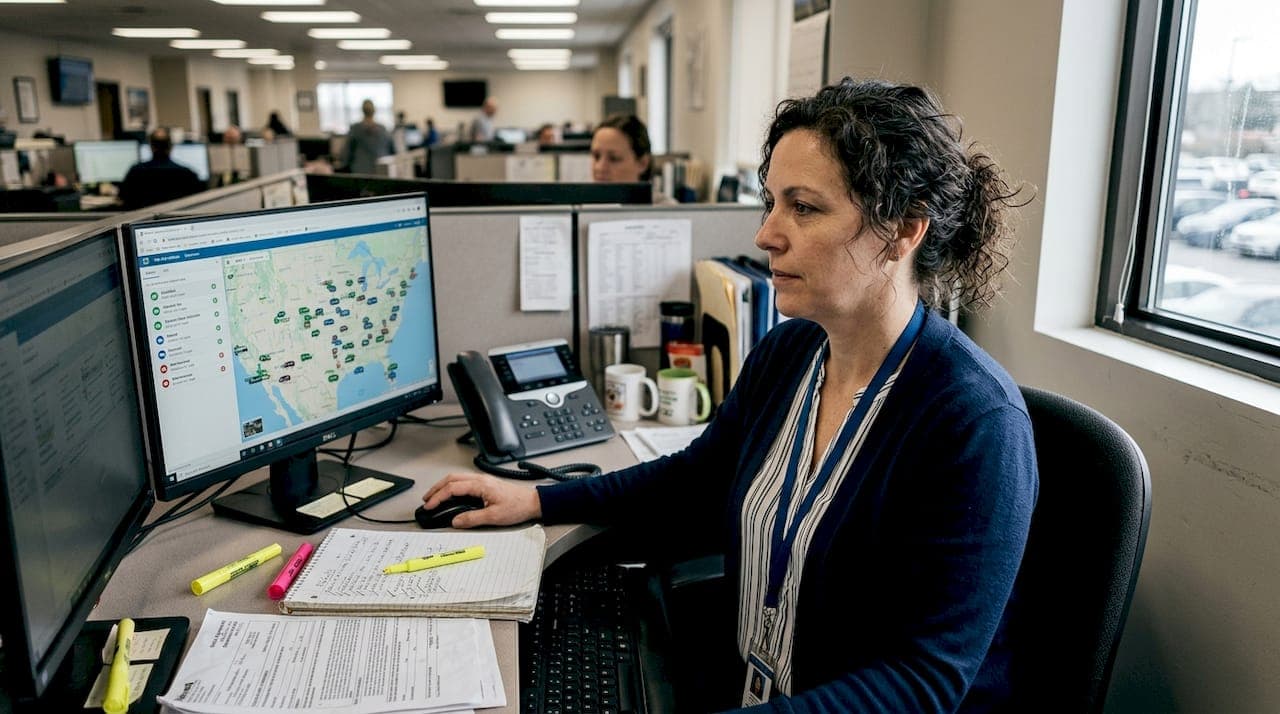 Dispatcher monitoring real-time vehicle tracking map