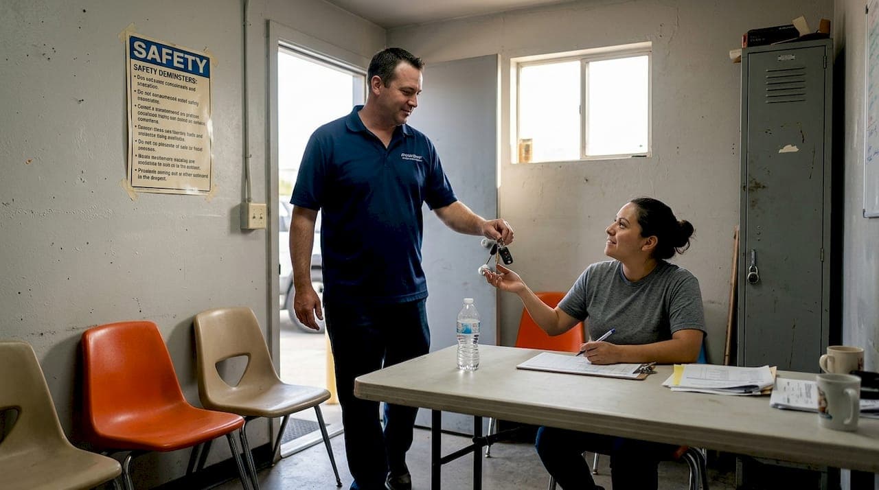 Driver handing keys to colleague in break room