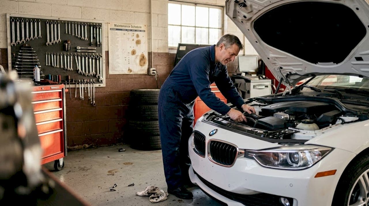 Mechanic inspecting BMW in service bay