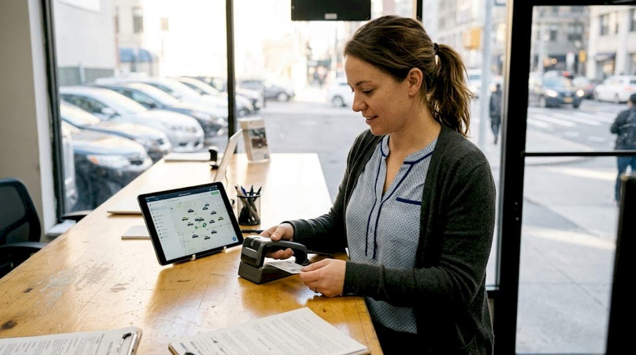Staff scans license with GPS display visible