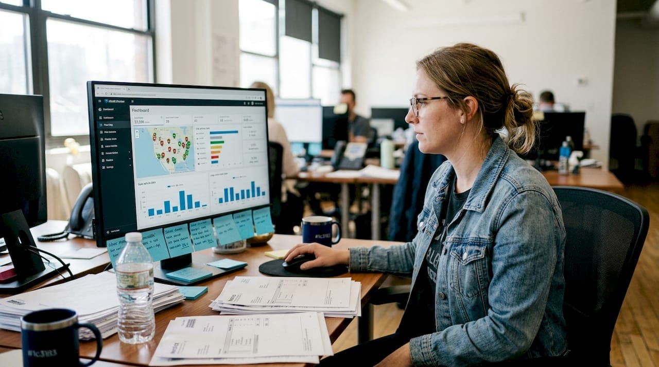 Fleet manager reviewing vehicle data on desktop