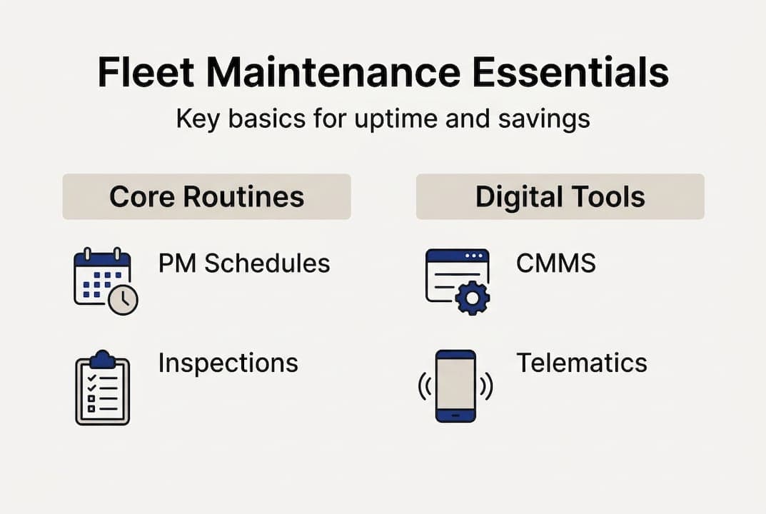 Infographic titled Fleet Maintenance Essentials with routines and tools