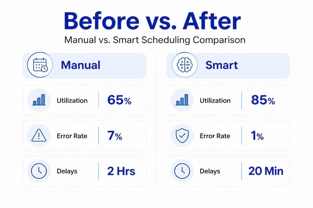 Infographic comparing manual and smart fleet scheduling metrics