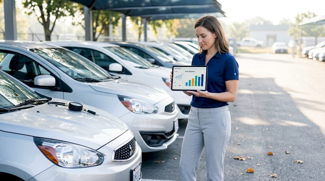 Rental agent checking fleet utilization and prices