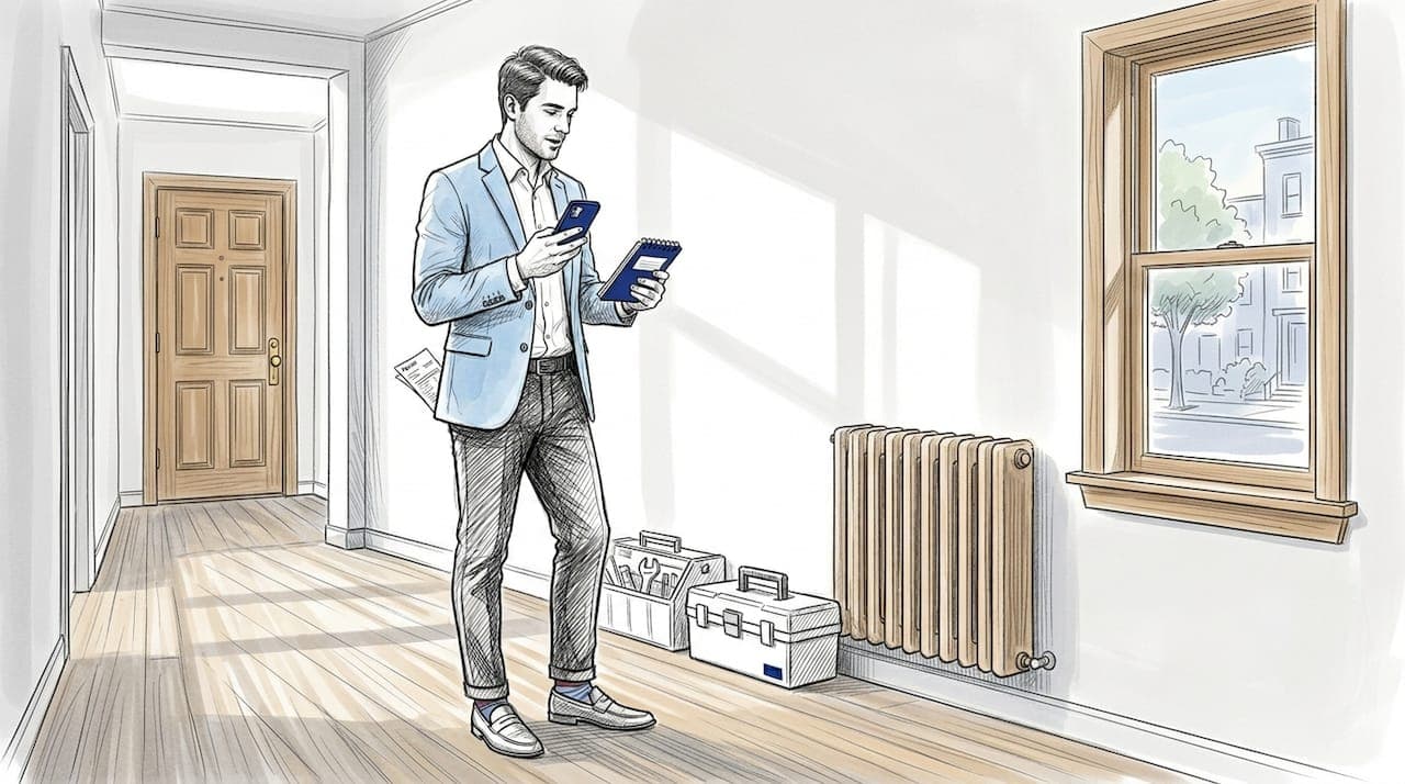Property manager coordinating maintenance in apartment hallway