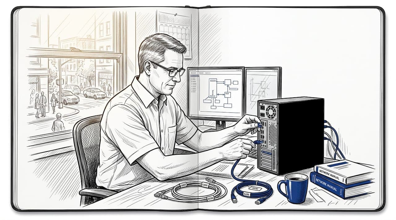 IT staff connecting server in small office