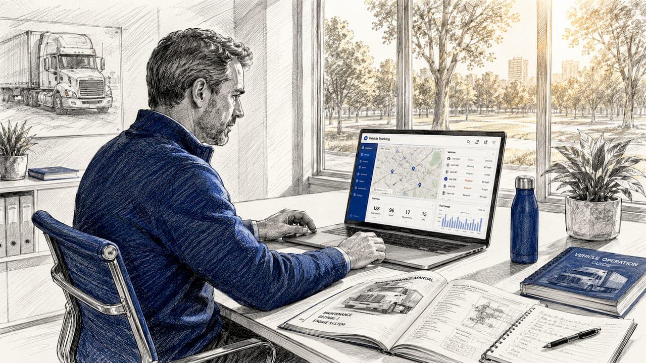 Fleet manager working at tracking software desk