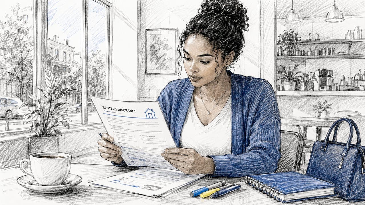 Woman reviewing renters insurance documents at desk