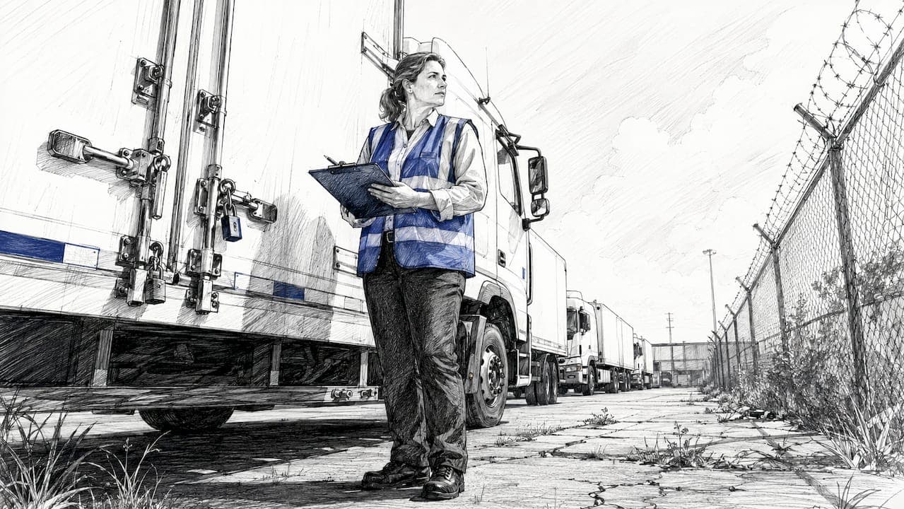 Fleet manager inspecting secured trucks outdoors