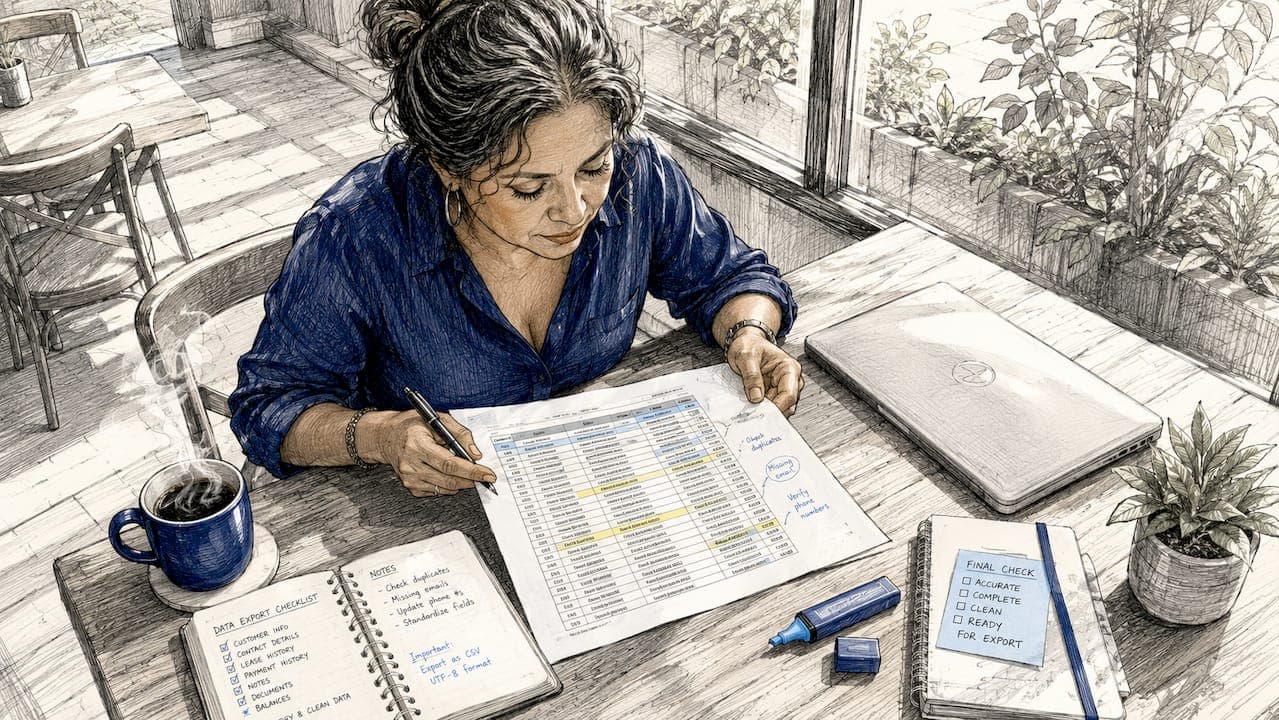 Woman reviewing rental data export documents
