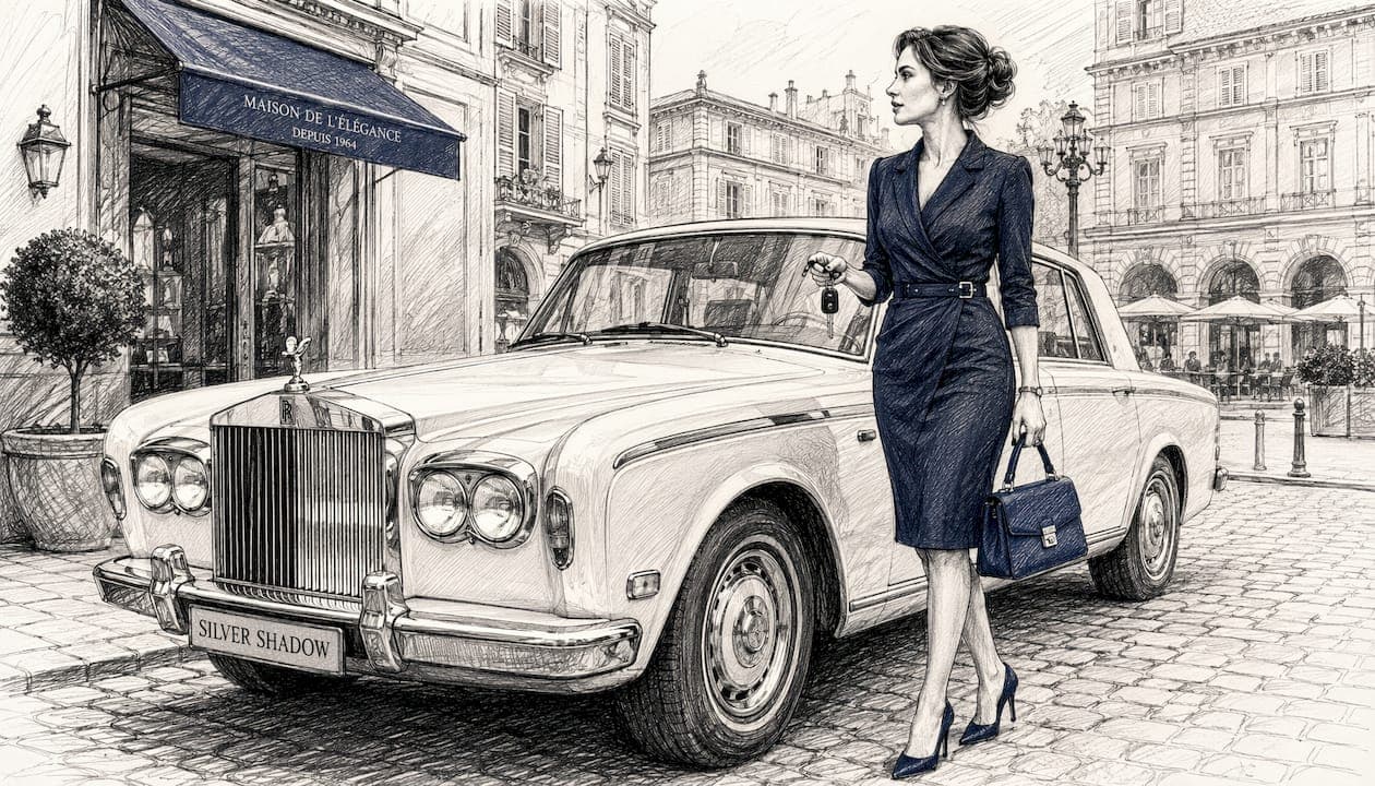 Woman standing next to vintage Rolls-Royce