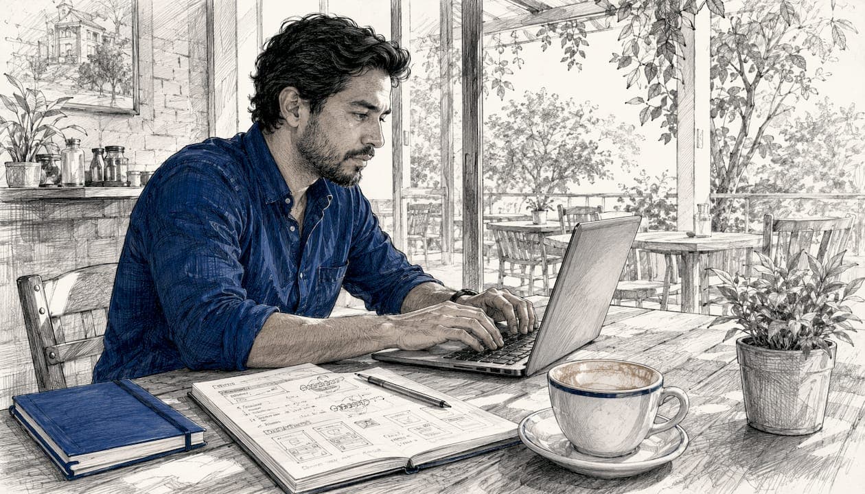 Man working on rental software in office