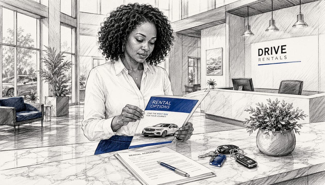 Woman reviewing car rental documents at desk