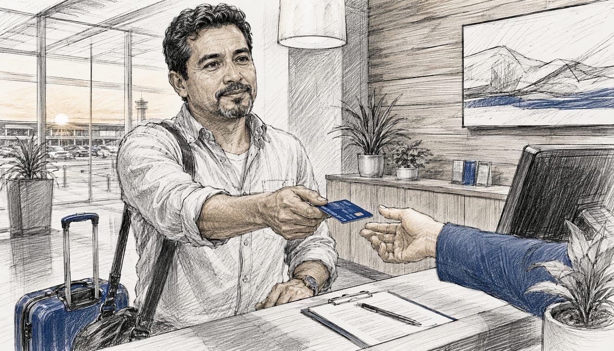 Man handing credit card at rental counter