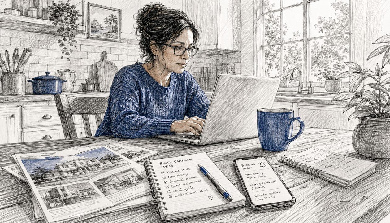Rental manager working on laptop automating newsletter