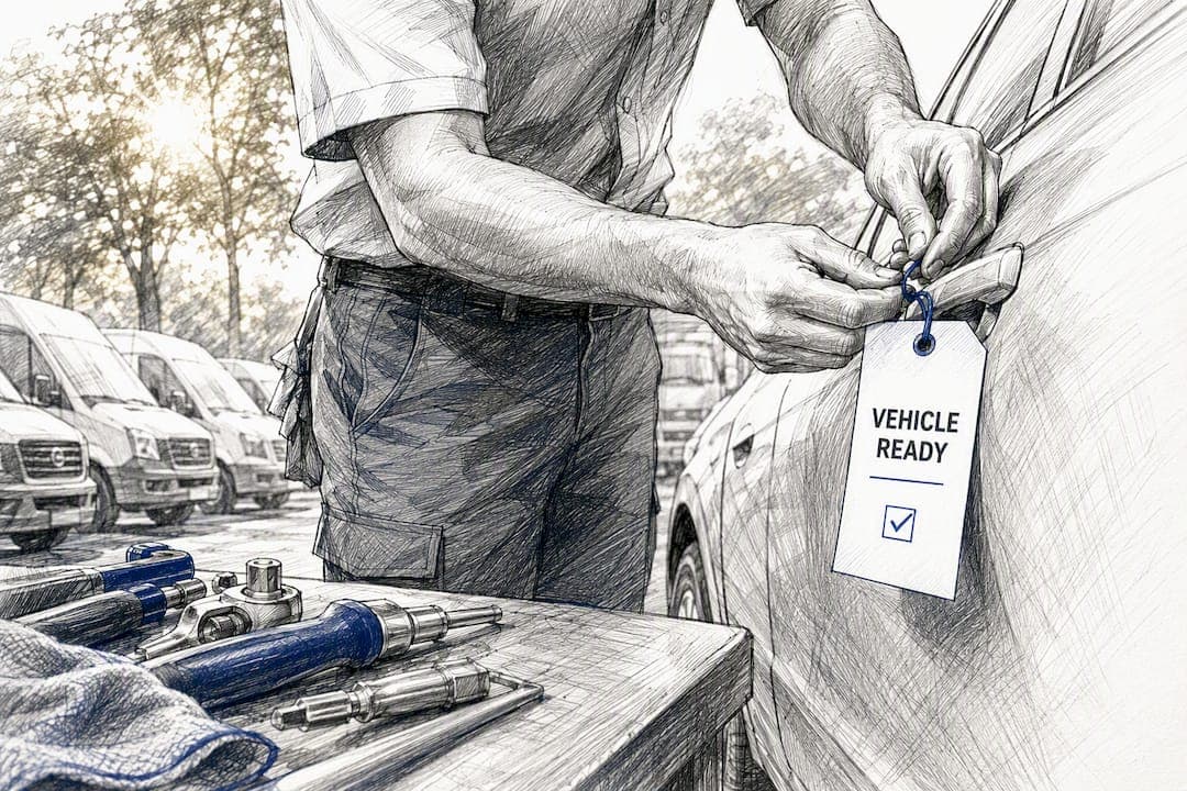 Hands attaching vehicle ready tag on rental car door