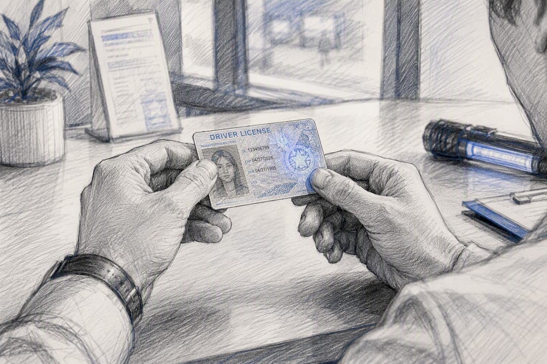 Hands inspecting driver license hologram details