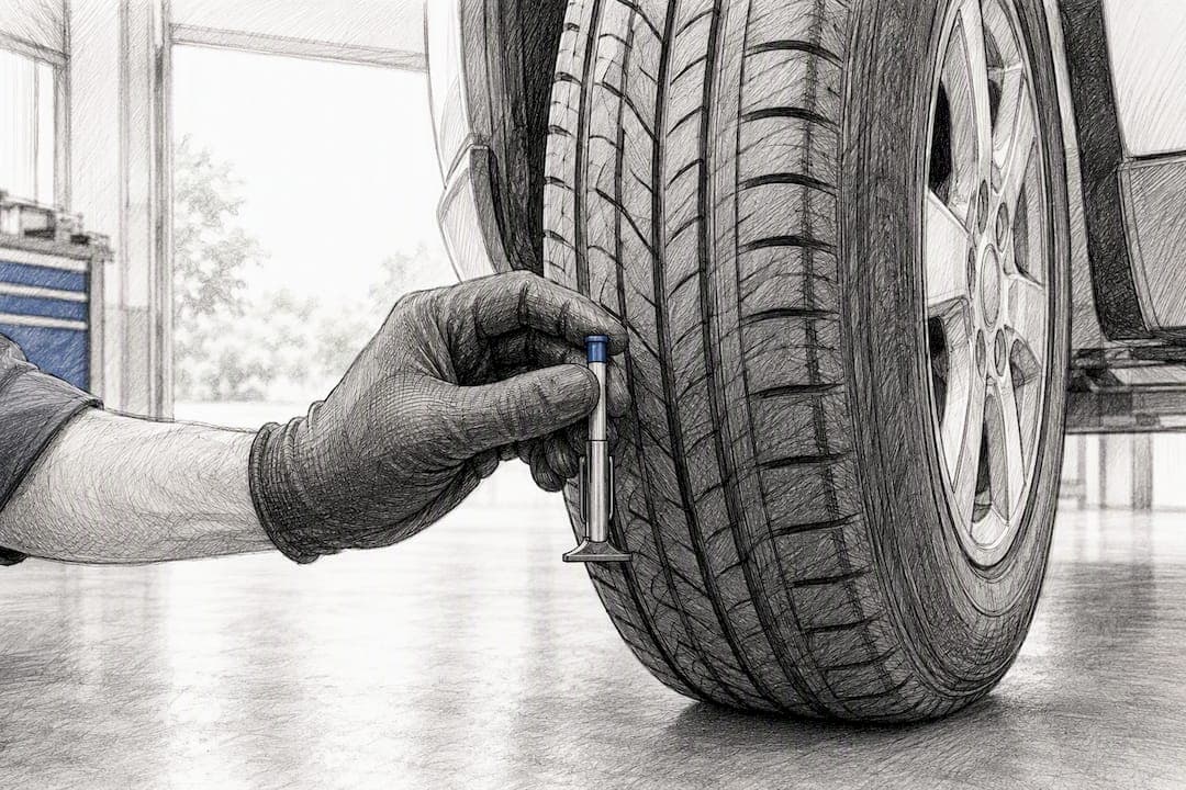 Technician checking vehicle tire tread